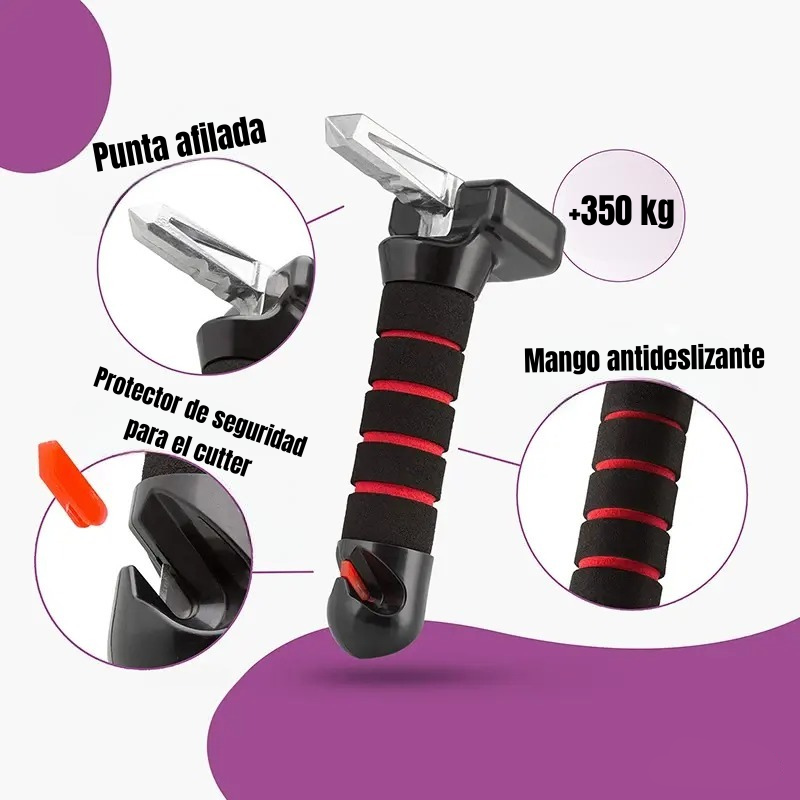 Manija de Coche para Asistencia + Cortador Cinturón + Rompe Cristales | Acero Forjado 350kg